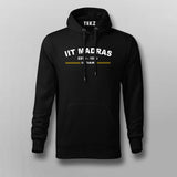 Men's black hoodie with a drawstring hood featuring 'IIT Madras ESTD 1959 IITIAN' in bold yellow text, highlighting the heritage and pride of IIT Madras