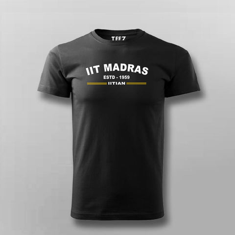 Black round neck t-shirt displaying 'IIT Madras ESTD 1959 IITIAN' in yellow, celebrating the rich history and achievements of IIT Madras