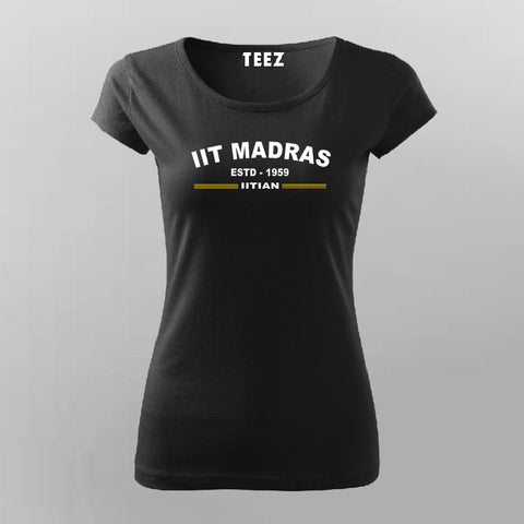 Women's fitted round neck cotton t-shirt in black with 'IIT Madras ESTD 1959 IITIAN' in yellow, tailored for comfort and pride in IIT Madras heritage