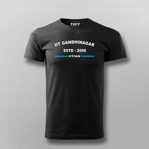 Black round-neck cotton t-shirt with 'IIT Gandhinagar ESTD 2008 IITIAN' text in white