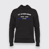 Women's black cotton hoodie marked 'IIT Hyderabad ESTD 2008' with adjustable drawstrings
