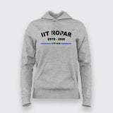 Grey women’s cotton hoodie with 'IIT ROPAR ESTD 2008 IITIAN' in black and blue, with drawstring hood and front pouch