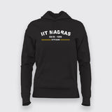 Black cotton hoodie for women with 'IIT Madras ESTD 1959 IITIAN' in yellow on the front, combining casual style with institutional pride