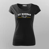 Women's fitted round neck cotton t-shirt in black with 'IIT Madras ESTD 1959 IITIAN' in yellow, tailored for comfort and pride in IIT Madras heritage