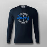 Men's full sleeve navy blue cotton T-shirt with 'God-fidence Knowing I can't but He can - 2 Cor 12:9' message in stylized white and blue text with a cross symbol