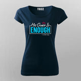 Women's navy round neck T-shirt with 'His Grace Is Enough – 2 Cor 12:9' in turquoise and white lettering, decorated with a red heart above the text