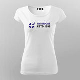 White round-neck cotton t-shirt for women with IIM Indore logo, ESTD 1996