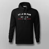 Men's black hoodie with 'IIT Jodhpur ESTD 2008' in bold, with a central pocket, tailored for alumni and enthusiasts