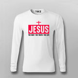 Men's full-sleeve cotton T-shirt featuring 'Jesus: The Way, The Truth, The Life' in bold pink text with a cross symbol, from Teez