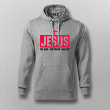 Men's hoodie in gray with 'Jesus: The Way, The Truth, The Life' design in vibrant pink, highlighting a bold cross icon, crafted by Teez