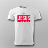 Round neck cotton T-shirt for men with 'Jesus: The Way, The Truth, The Life' in eye-catching pink font and a cross, designed by Teez