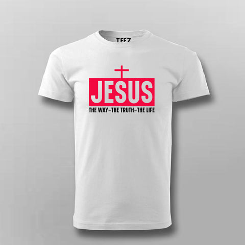 Round neck cotton T-shirt for men with 'Jesus: The Way, The Truth, The Life' in eye-catching pink font and a cross, designed by Teez