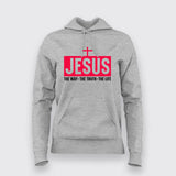 Women's hoodie in gray featuring the text 'Jesus: The Way, The Truth, The Life' in prominent pink along with a cross, offered by Teez