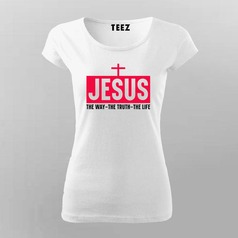 Women's round neck cotton T-shirt in white, showcasing 'Jesus: The Way, The Truth, The Life' in pink text with a cross symbol, by Teez