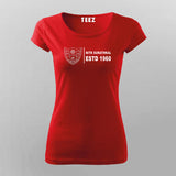 Women's red Teez t-shirt with NIT Surathkal logo, round neck for a comfy fit