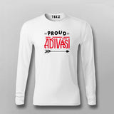 White 'Proud Adivasi' full sleeve cotton t-shirt by Teez with bold red lettering