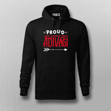 Men's black hoodie with 'Proud Adivasi' in red by Teez, casual and comfortable fit