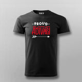 Black 'Proud Adivasi' round neck cotton t-shirt by Teez with vibrant red typography