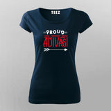 Women's navy 'Proud Adivasi' cotton tee with round neck by Teez, red text design