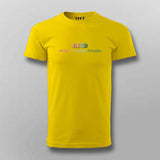 Yellow t-shirt with colorful text on a gray background