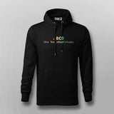 Black hoodie with colorful text on a gray background