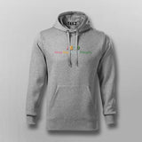 Gray hoodie with colorful text on a light gray background