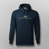 Navy blue hoodie with colorful text on a gray background