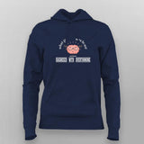 Navy blue hoodie with graphic design and text on a gray background