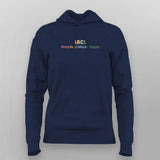 Navy blue hoodie with colorful text on a white background